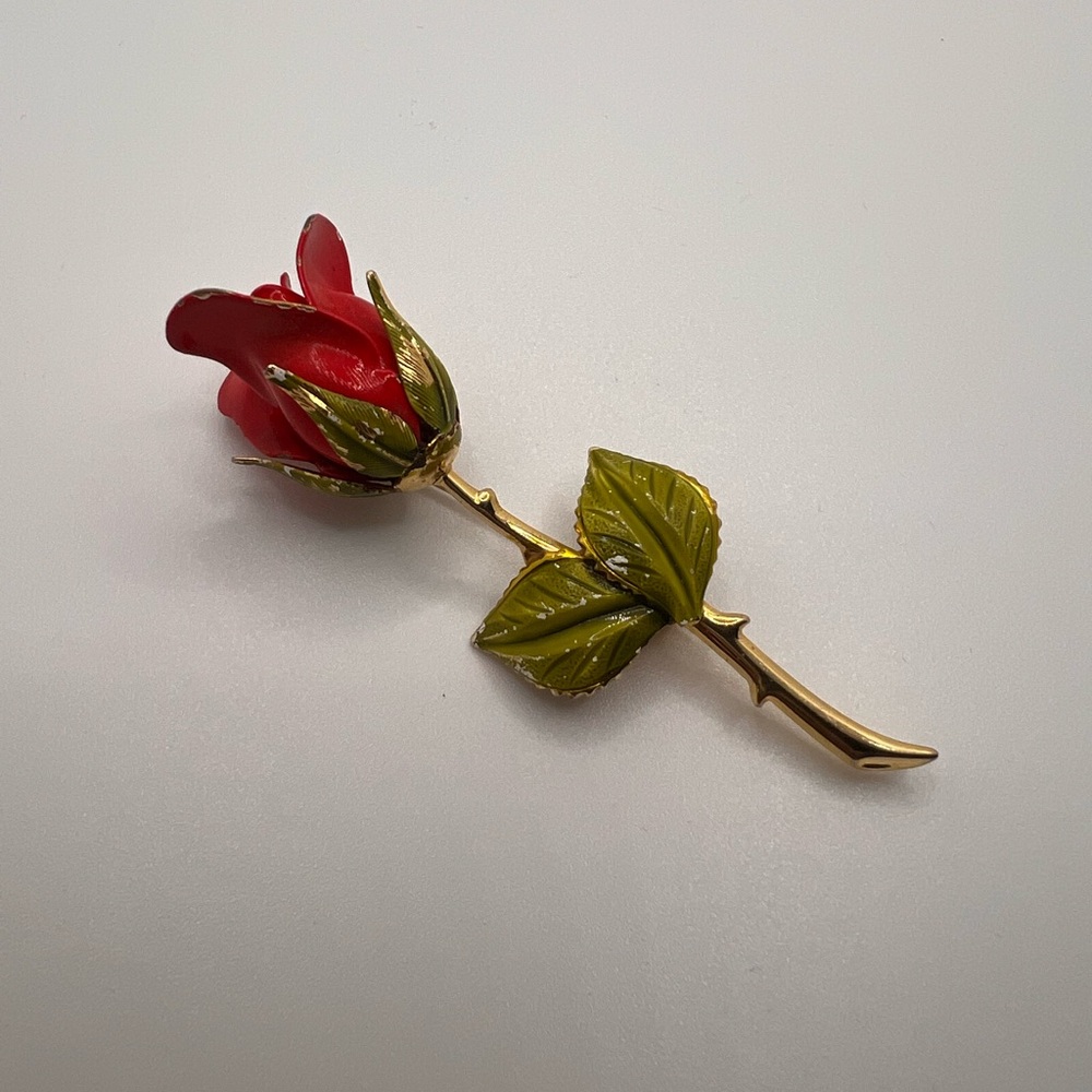 Vintage Red and Green enameled Rose Brooch with Gold tone Stem